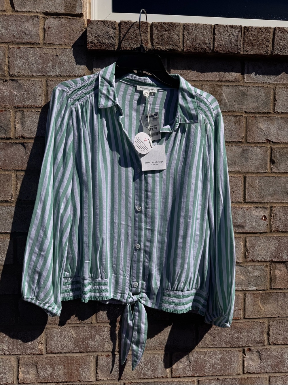 beachlunchlounge Green and White Striped Tie-Front Button-Up Blouse